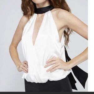 Alice + Olivia White Halter Top with Black Neck Tie